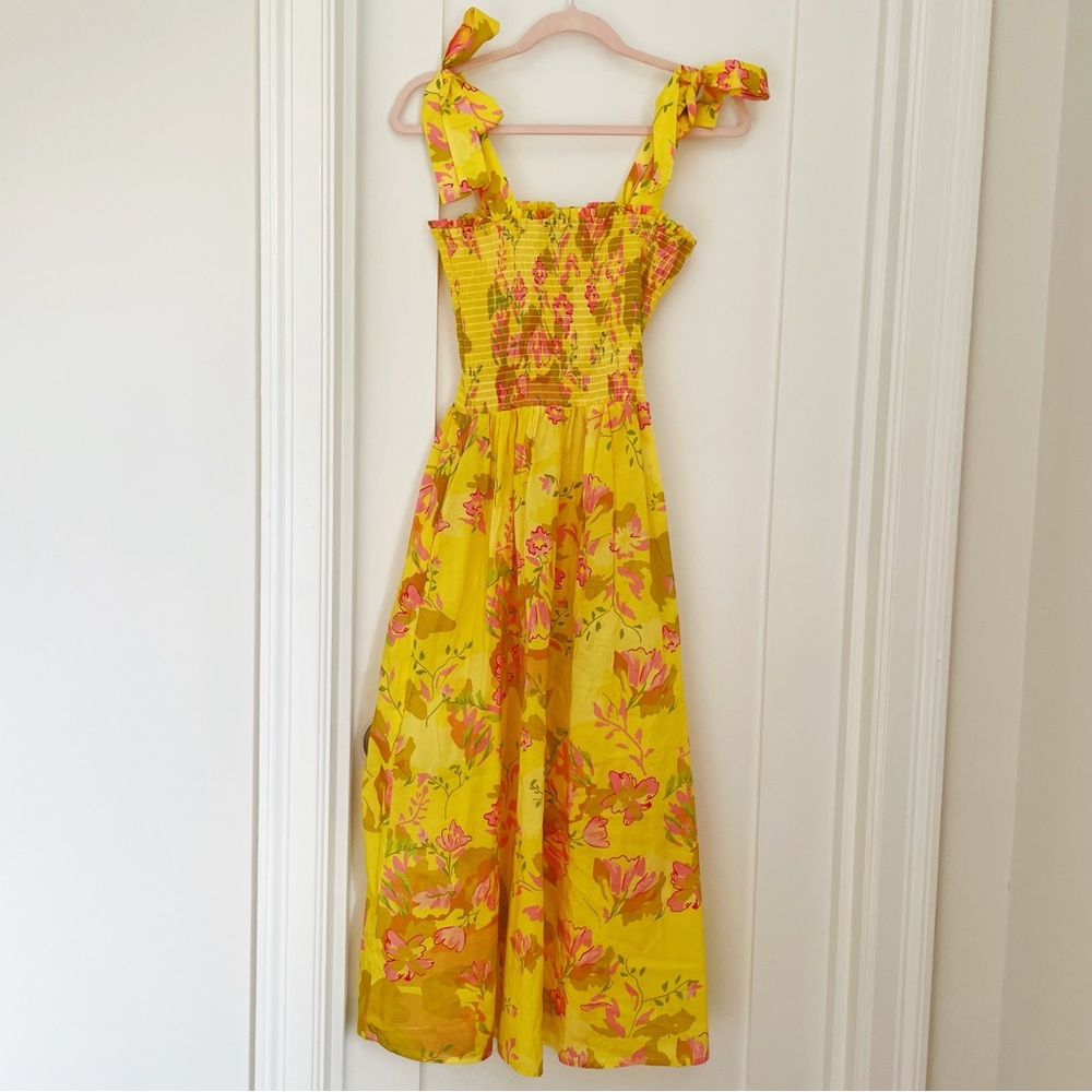 NWOT 🌸 Jessie Zhao Landscape Sleeveless Smocked Yellow Pink Floral Midi Dress